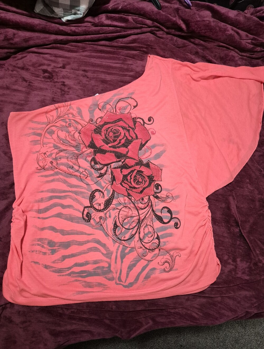 Women’s Coral Pink Floral Graphic One-Shoulder Top